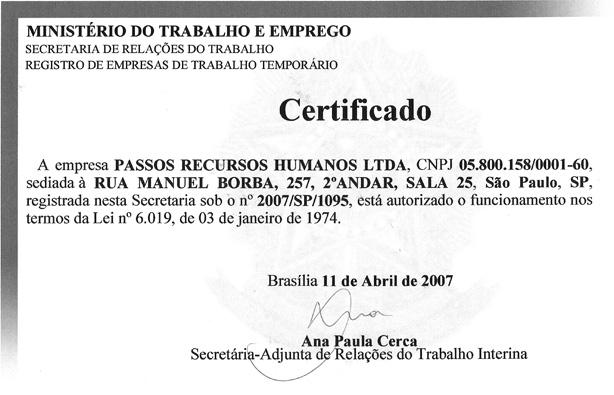 Certificado Ministério do Trabalho e Emprego